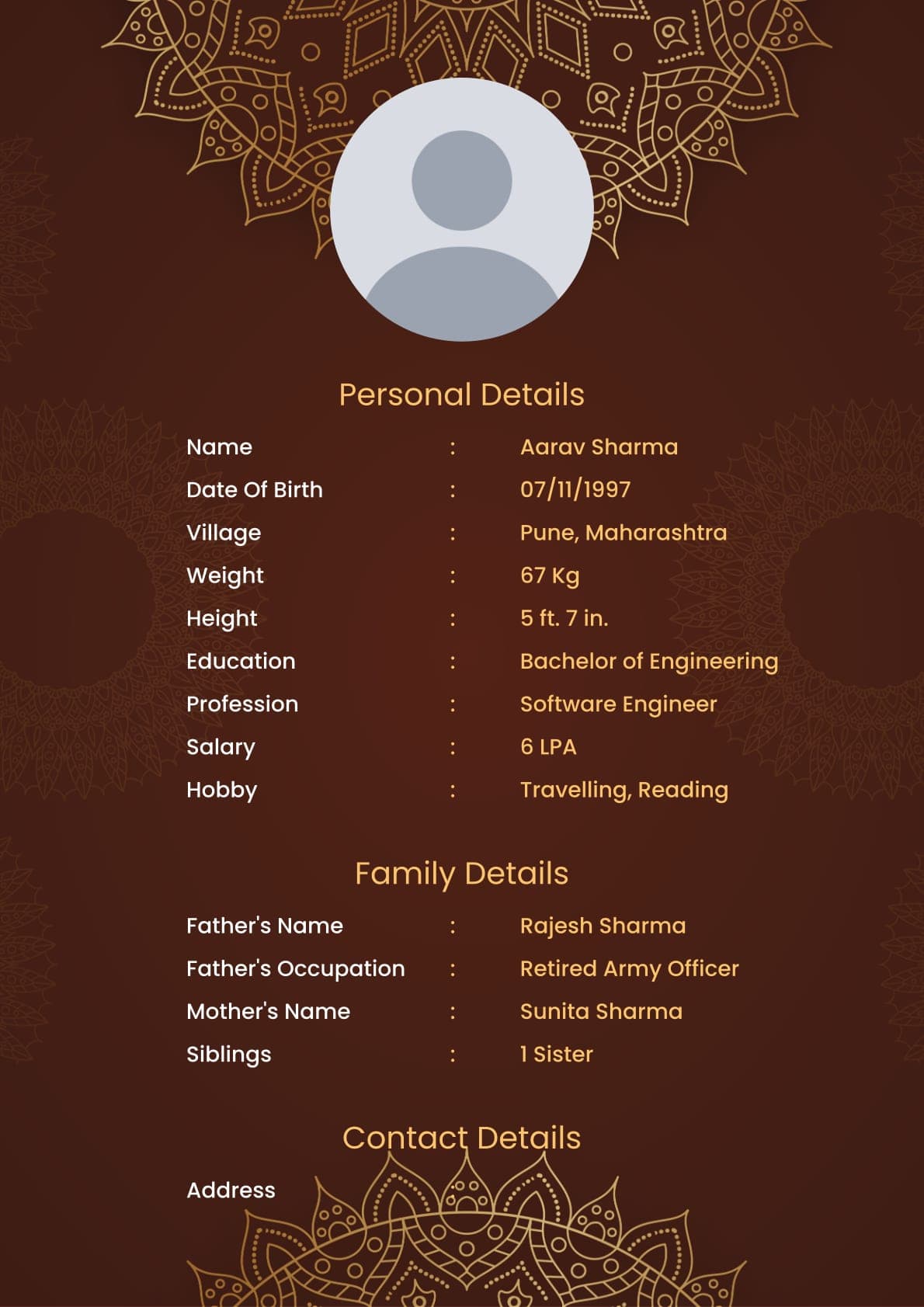 Biodata Maroon Gold Mandala: a marriage biodata format