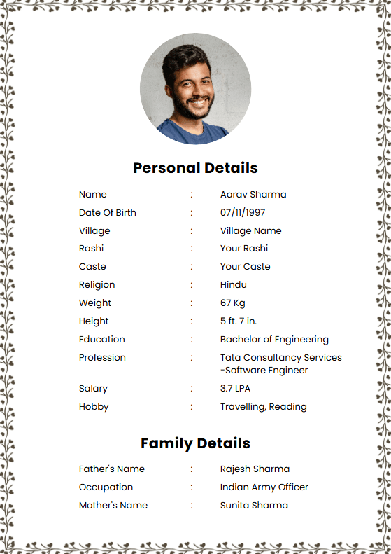 Hindu Bride Biodata Detailed: a marriage biodata format (For Bride (Girl), Detailed Two-Page, Hindu / Brahmin)