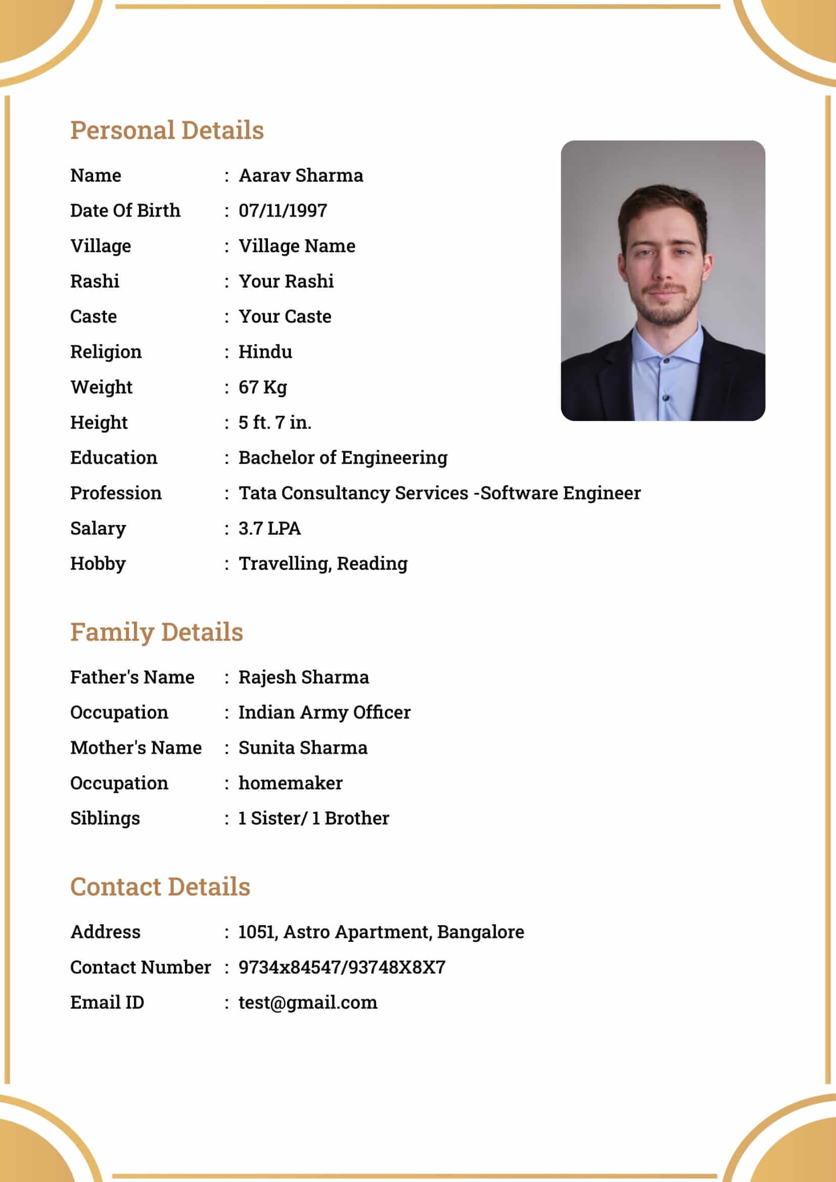 Hindu Bride Biodata Kundli Fields: a marriage biodata format (For Bride (Girl), Hindu / Brahmin, Detailed Two-Page)
