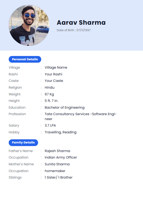 Hindu Bride Biodata Modern: a marriage biodata format (For Bride (Girl), Hindu / Brahmin, Detailed Two-Page)