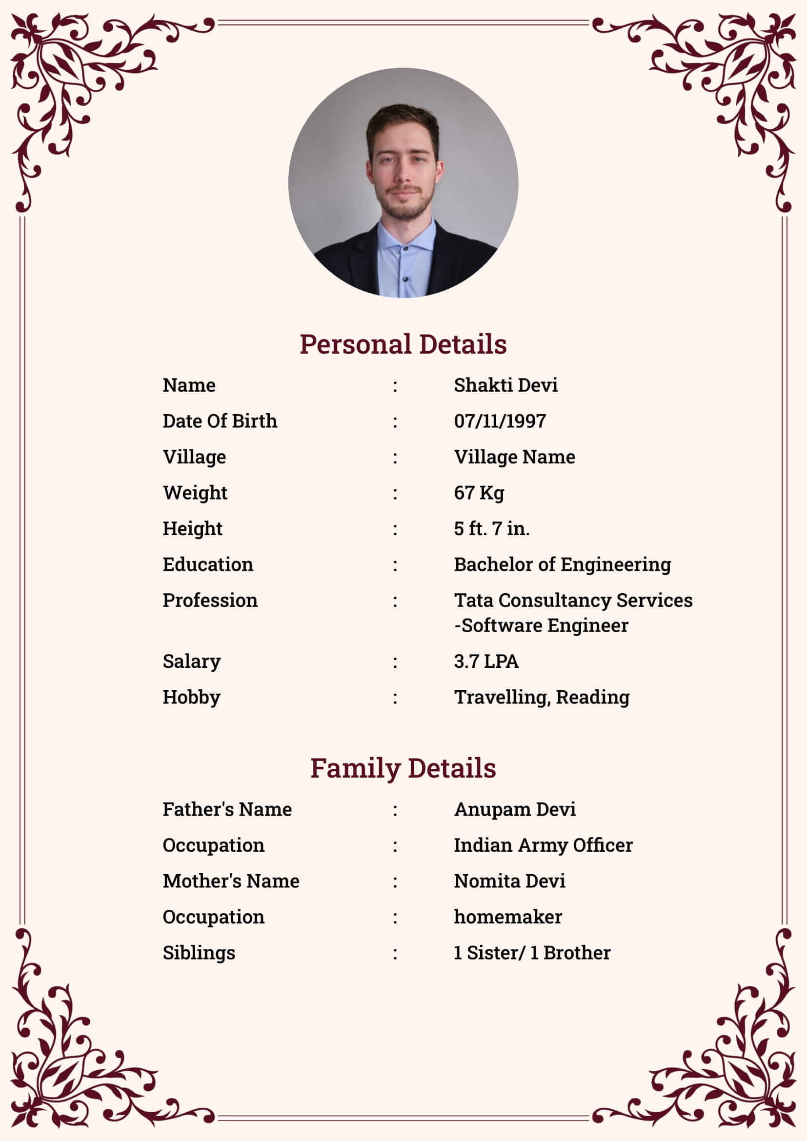 Hindu Bride Biodata Simple: a marriage biodata format (For Bride (Girl), Simple One-Page, Hindu / Brahmin)