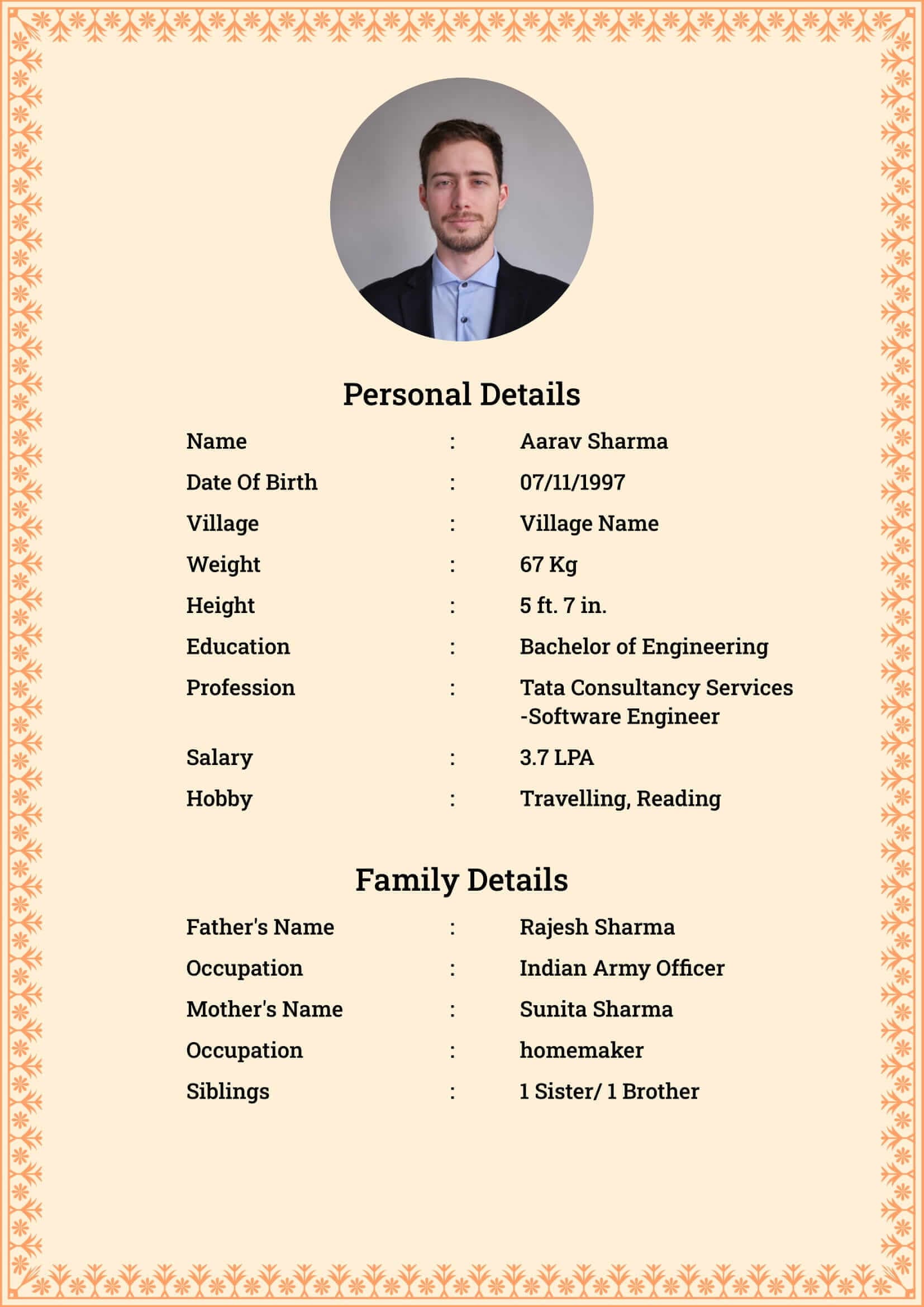 Hindu Groom Biodata Detailed: a marriage biodata format (For Groom (Boy), Detailed Two-Page, Hindu / Brahmin)
