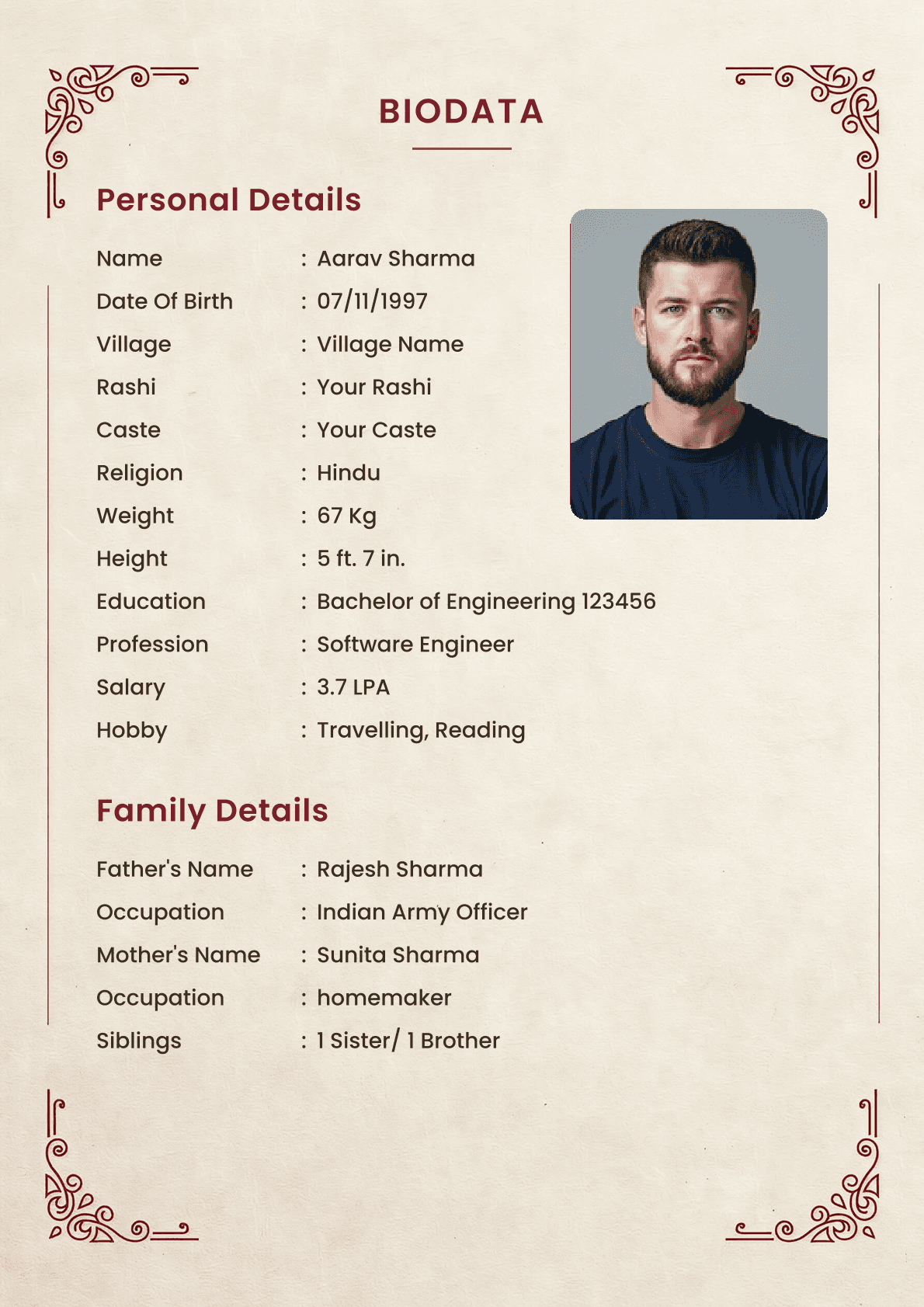 Hindu Groom Biodata Maroon Scroll Border: a marriage biodata format (For Groom (Boy), Hindu / Brahmin, Simple One-Page)