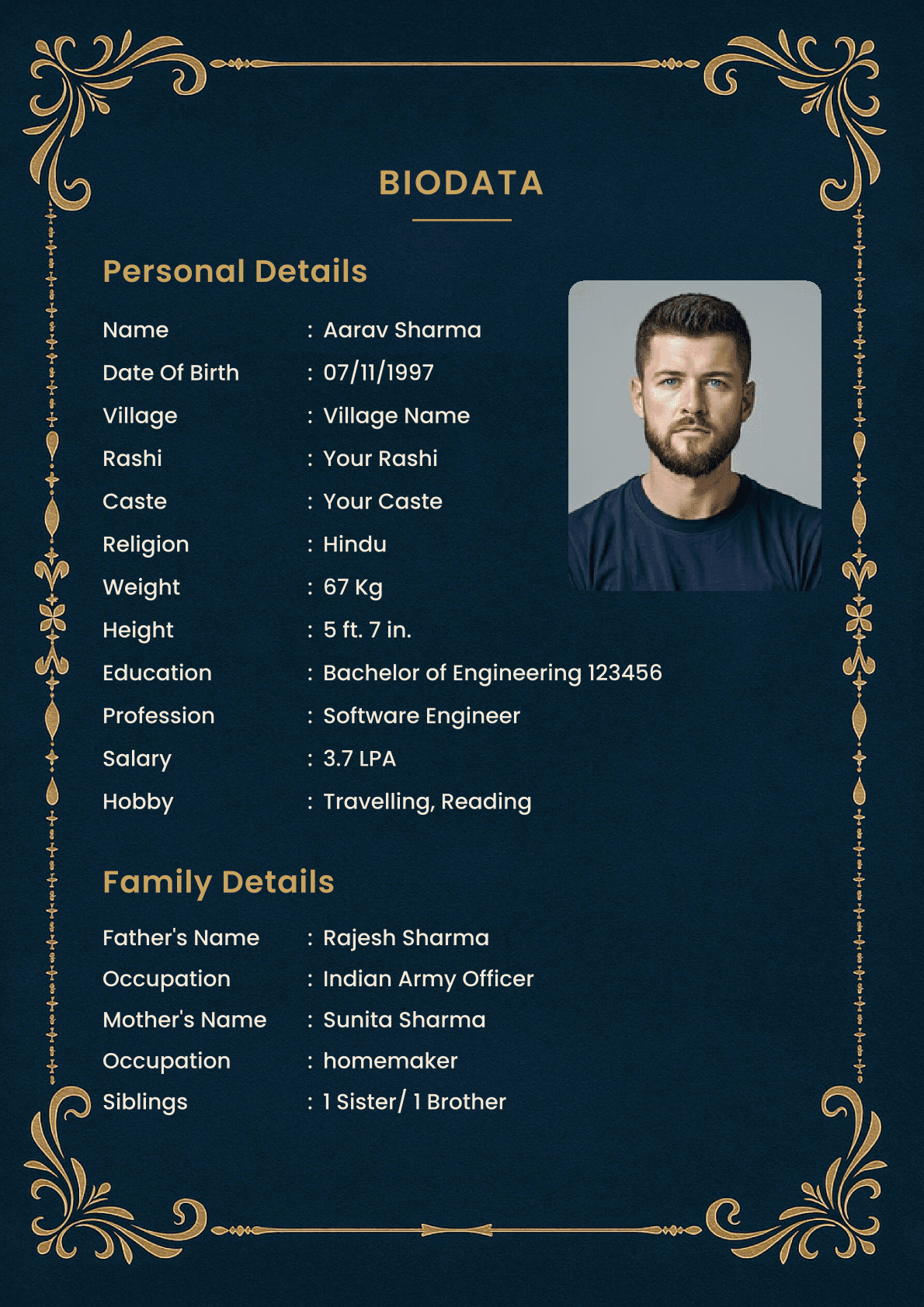 Hindu Groom Biodata Navy Gold Border: a marriage biodata format (For Groom (Boy), Hindu / Brahmin, Simple One-Page)