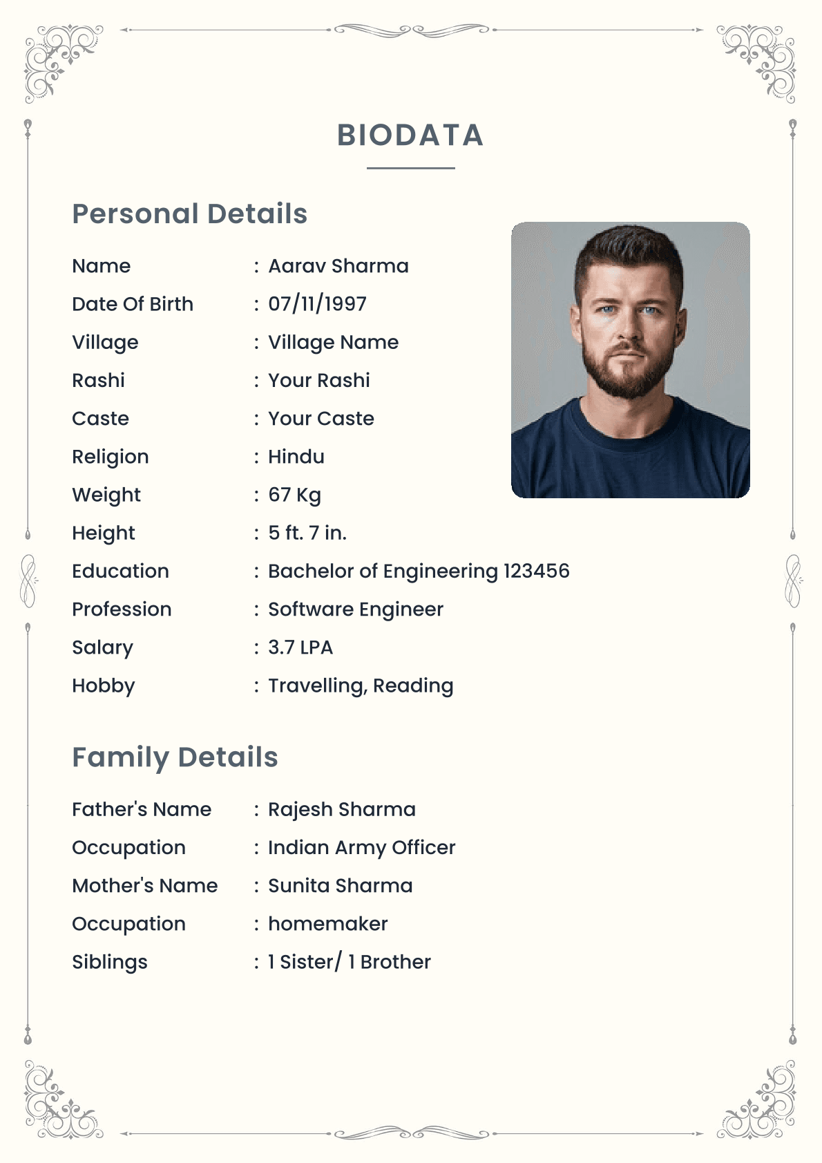 Hindu Groom Biodata Scroll Corner: a marriage biodata format (For Groom (Boy), Hindu / Brahmin, Simple One-Page)