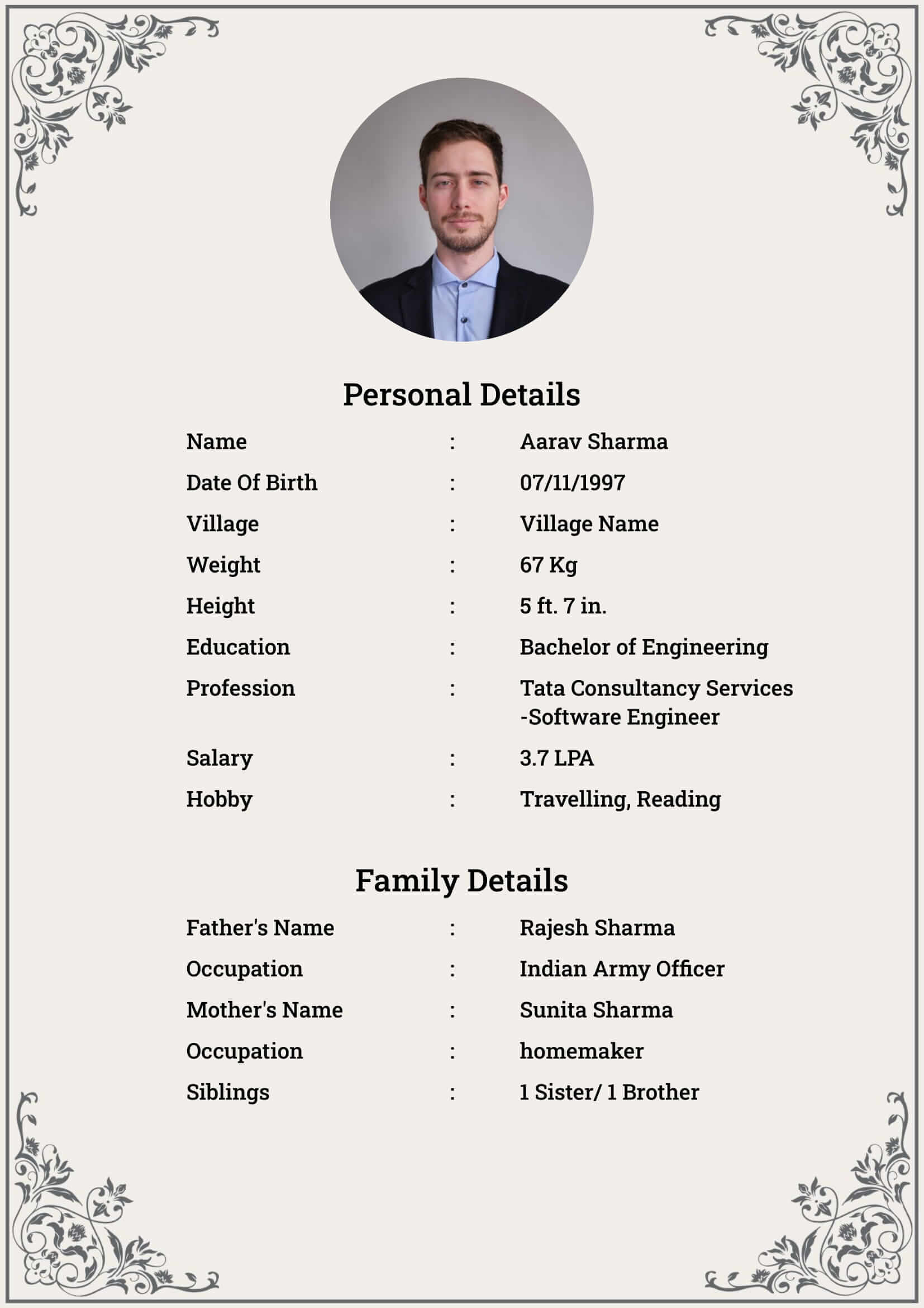 Hindu Groom Biodata Simple: a marriage biodata format (For Groom (Boy), Simple One-Page, Hindu / Brahmin)