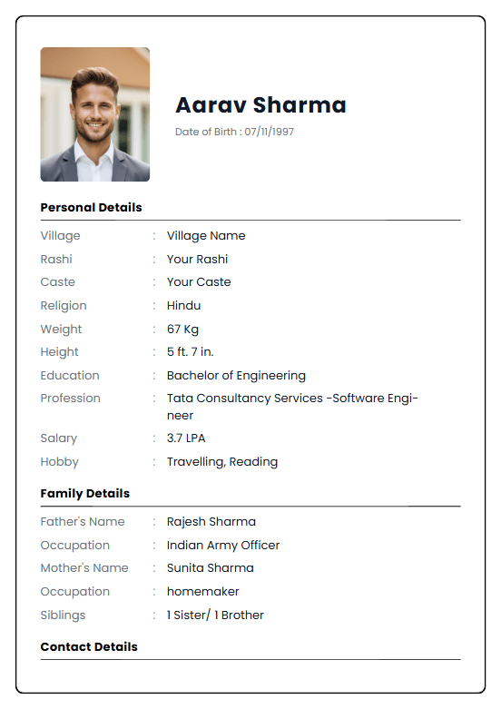 Hindu Groom Traditional Biodata: a marriage biodata format (For Groom (Boy), Hindu / Brahmin, Detailed Two-Page)
